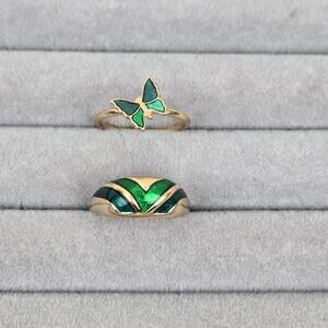 Avon Vintage Green Enamel Gold-tone Ring Bundle ~ Vintage Avon Rings